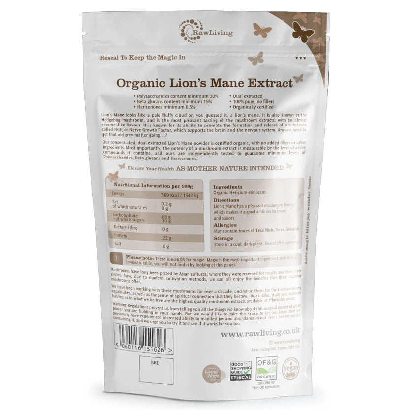 Organic Lion’s Mane Mushroom 8:1 Dual Extract – 50g Pouch