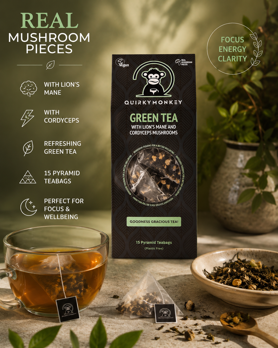QuirkyMonkey Green Tea with Lion’s Mane & Cordyceps Mushrooms – 15 Pyramid Teabags