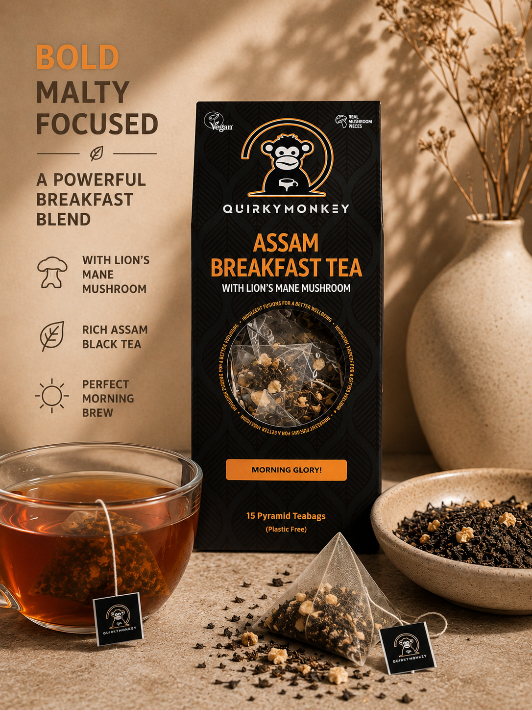 QuirkyMonkey Assam Breakfast Tea with Lion’s Mane – 15 Pyramid Teabags