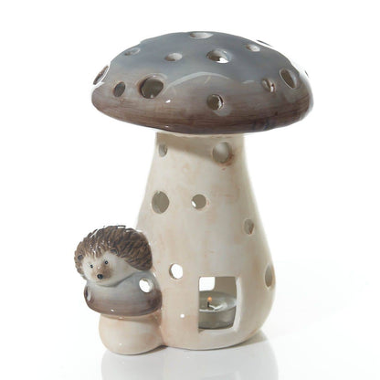 Woodland Rustic Ceramic Mushroom With Hedgehog Tea Light Holder
