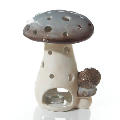Woodland Rustic Ceramic Mushroom With Hedgehog Tea Light Holder