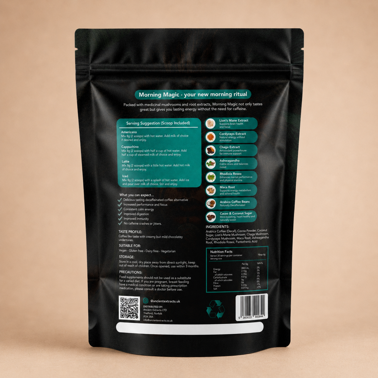 Ancient Extracts Morning Magic Decaf Mushroom Coffee – 180g
