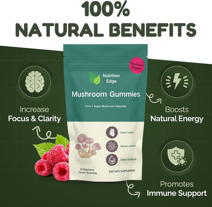 12-in-1 Mushroom Gummies – Lion’s Mane, Reishi & Cordyceps Blend | Vegan Daily Wellness Gummies