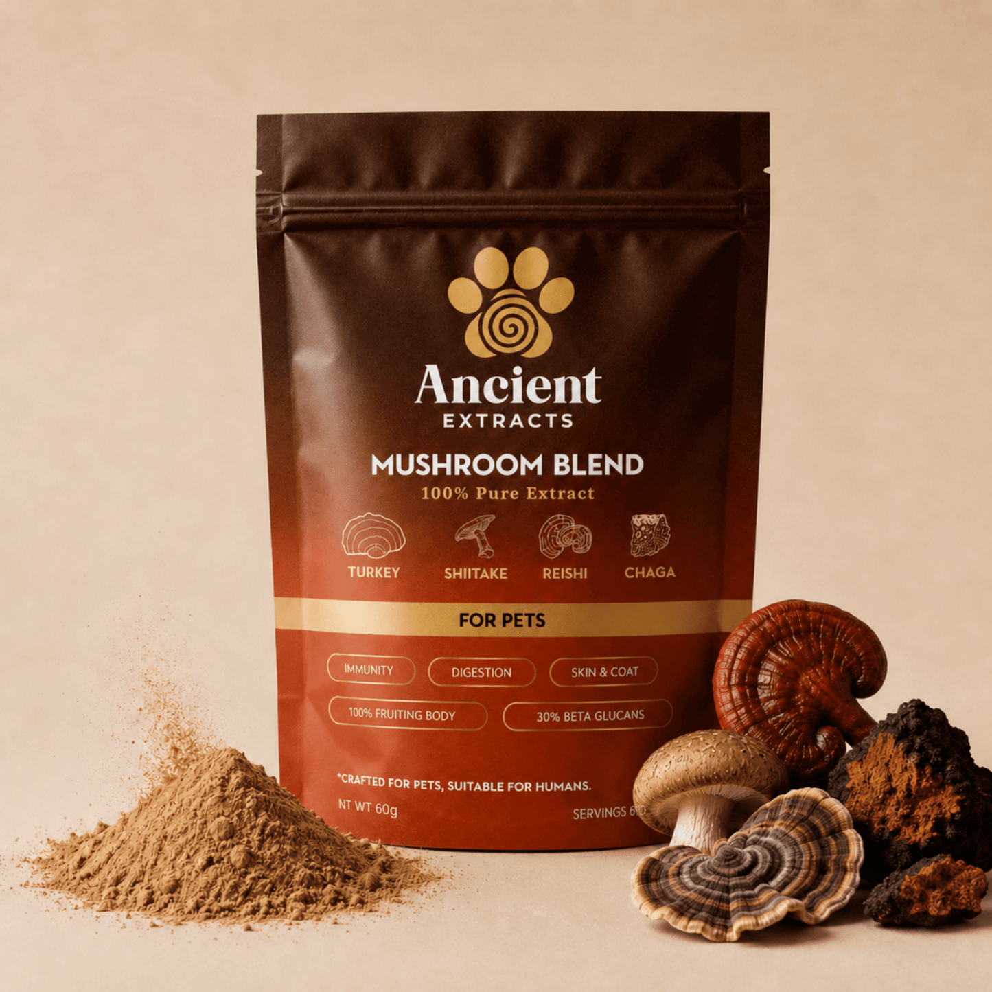 Ancient Extracts 4 Mushroom Blend for Dogs & Cats – 60g