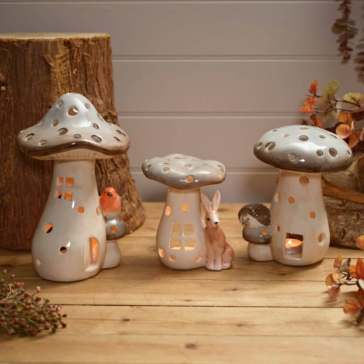 Woodland Rustic Ceramic Mushroom With Hedgehog Tea Light Holder