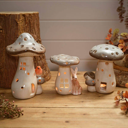 Woodland Rustic Ceramic Mushroom With Hedgehog Tea Light Holder