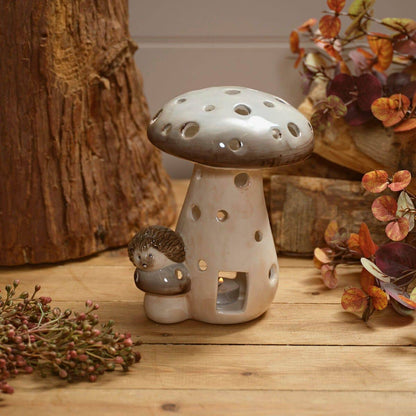 Woodland Rustic Ceramic Mushroom With Hedgehog Tea Light Holder