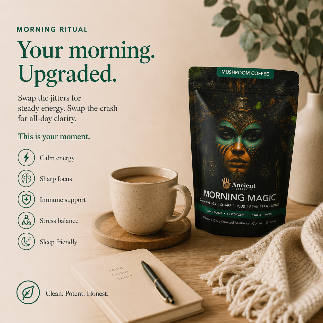 Ancient Extracts Morning Magic Decaf Mushroom Coffee – 180g