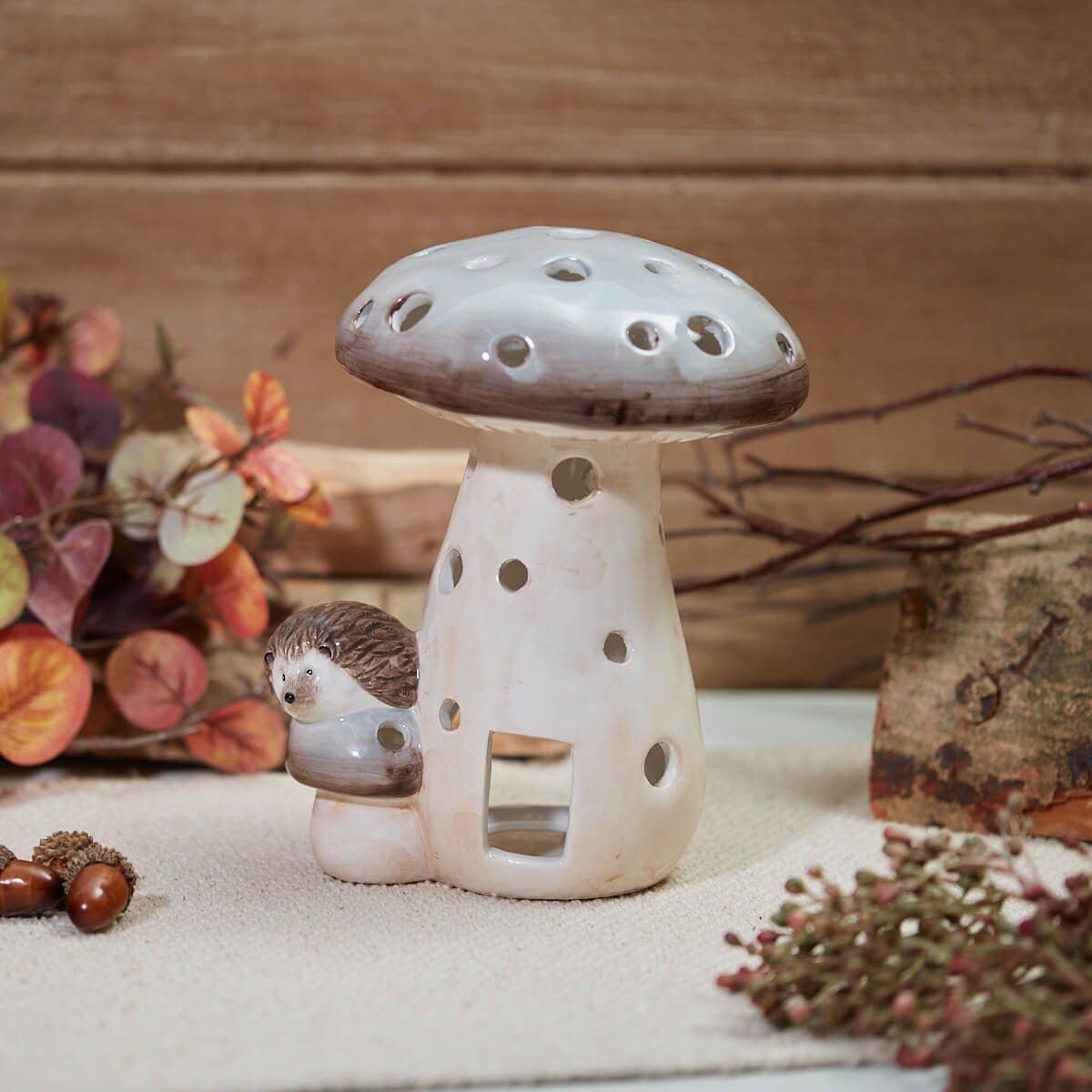 Woodland Rustic Ceramic Mushroom With Hedgehog Tea Light Holder