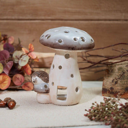 Woodland Rustic Ceramic Mushroom With Hedgehog Tea Light Holder