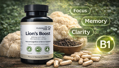 Lion’s Boost Capsules – Lion’s Mane, Vitamin B1 & Black Pepper – 120 Capsules (4 Month Supply)