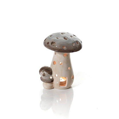 Woodland Rustic Ceramic Mushroom With Hedgehog Tea Light Holder