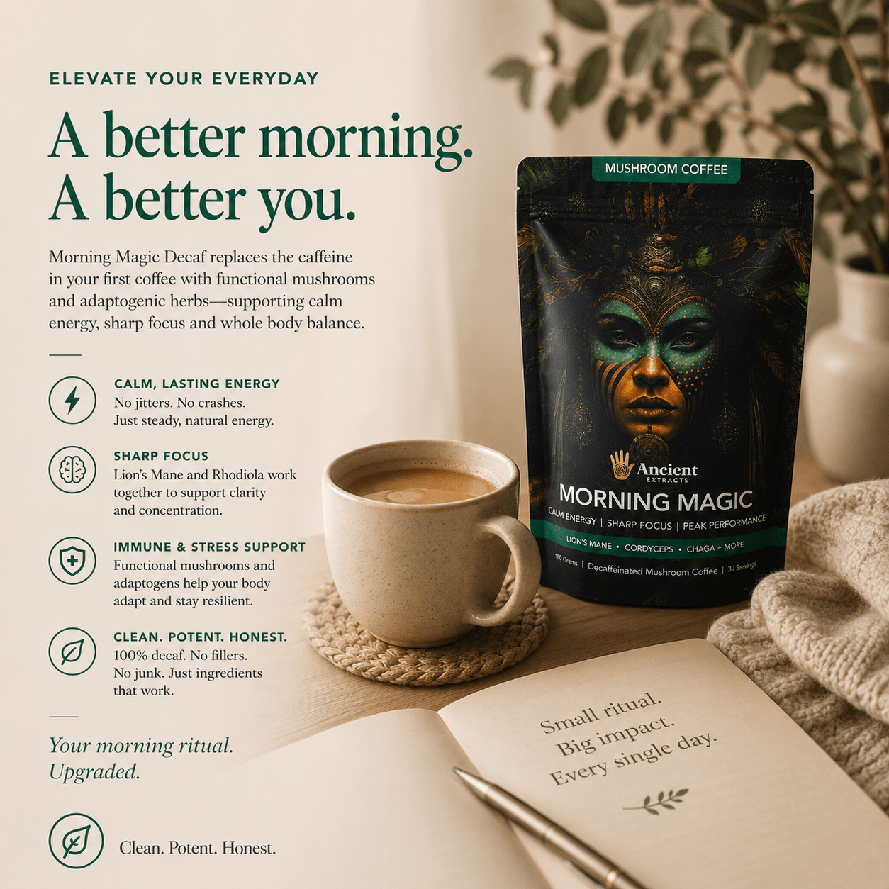 Ancient Extracts Morning Magic Decaf Mushroom Coffee – 180g