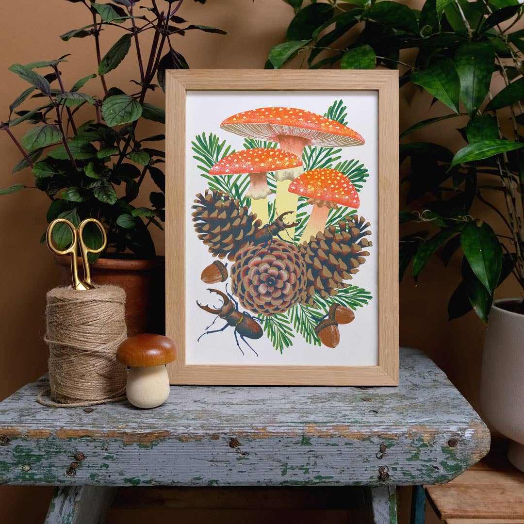 Fly Agaric | A4 Risograph Print, wall art | Mushroom, nature