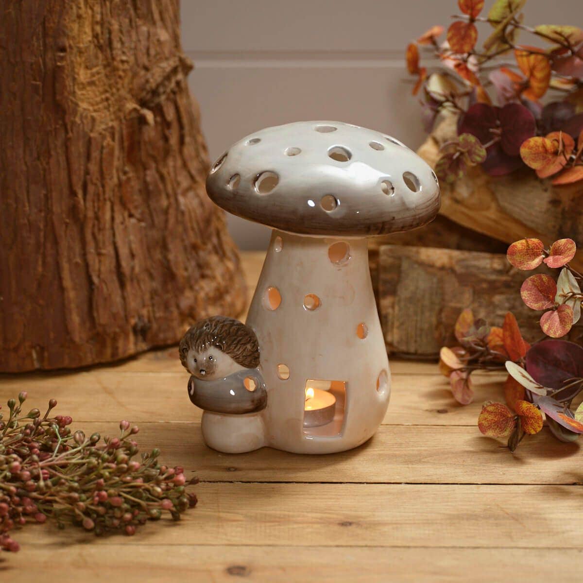 Woodland Rustic Ceramic Mushroom With Hedgehog Tea Light Holder